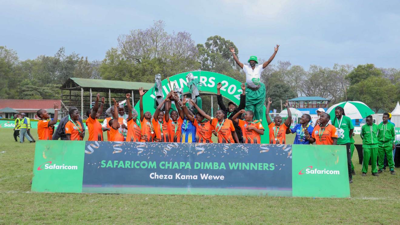 Wiyeta Girls of Trans Nzoia county celebrate their victory after winning the Safaricom Chapa Dimba Rift Valley Regional finals held at Nakuru ASK showground. PHOTO/SAFARICOM